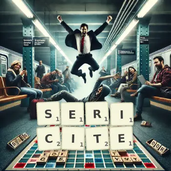 Creative illustration for a Scrabble game with the word SERICITE spelled out in tiles on the board.