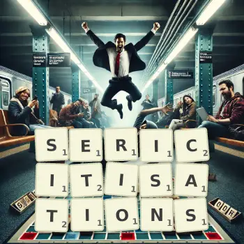 Creative illustration for a Scrabble game with the word SERICITISATIONS spelled out in tiles on the board.
