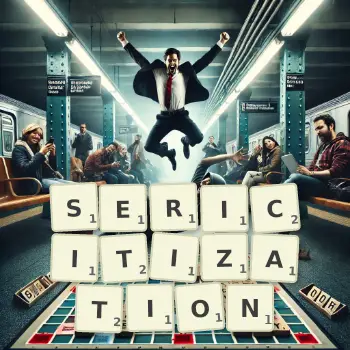 Creative illustration for a Scrabble game with the word SERICITIZATION spelled out in tiles on the board.