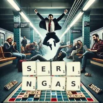 Creative illustration for a Scrabble game with the word SERINGAS spelled out in tiles on the board.