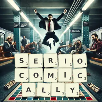 Creative illustration for a Scrabble game with the word SERIOCOMICALLY spelled out in tiles on the board.