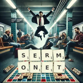 Creative illustration for a Scrabble game with the word SERMONET spelled out in tiles on the board.