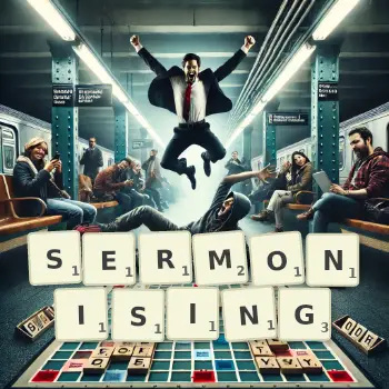 Creative illustration for a Scrabble game with the word SERMONISING spelled out in tiles on the board.