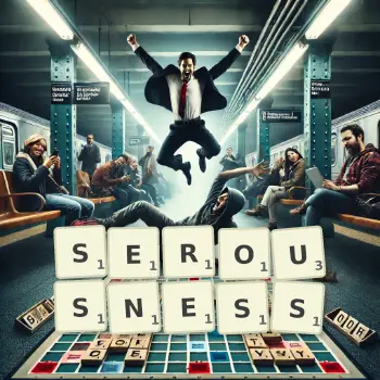 Creative illustration for a Scrabble game with the word SEROUSNESS spelled out in tiles on the board.