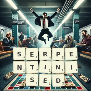 Creative illustration for a Scrabble game with the word SERPENTINISED spelled out in tiles on the board.