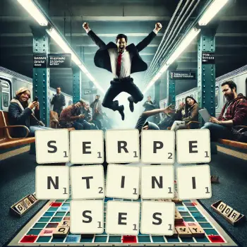 Creative illustration for a Scrabble game with the word SERPENTINISES spelled out in tiles on the board.