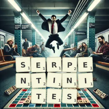 Creative illustration for a Scrabble game with the word SERPENTINITES spelled out in tiles on the board.