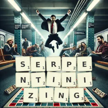 Creative illustration for a Scrabble game with the word SERPENTINIZING spelled out in tiles on the board.