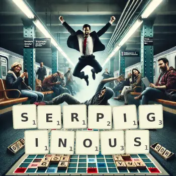 Creative illustration for a Scrabble game with the word SERPIGINOUS spelled out in tiles on the board.