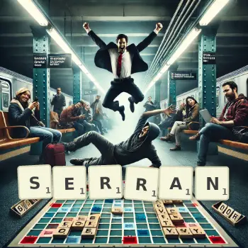 Creative illustration for a Scrabble game with the word SERRAN spelled out in tiles on the board.