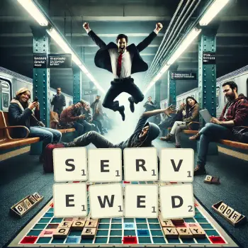 Creative illustration for a Scrabble game with the word SERVEWED spelled out in tiles on the board.