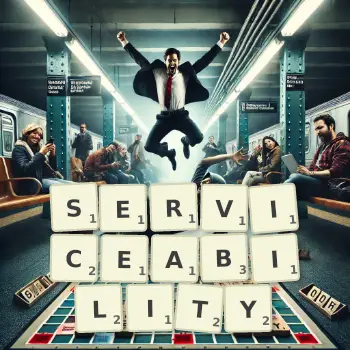 Creative illustration for a Scrabble game with the word SERVICEABILITY spelled out in tiles on the board.