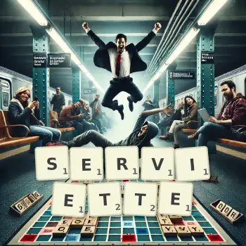 Creative illustration for a Scrabble game with the word SERVIETTE spelled out in tiles on the board.