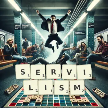 Creative illustration for a Scrabble game with the word SERVILISM spelled out in tiles on the board.