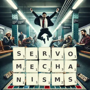 Creative illustration for a Scrabble game with the word SERVOMECHANISMS spelled out in tiles on the board.