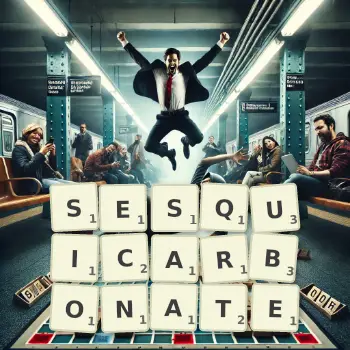 Creative illustration for a Scrabble game with the word SESQUICARBONATE spelled out in tiles on the board.