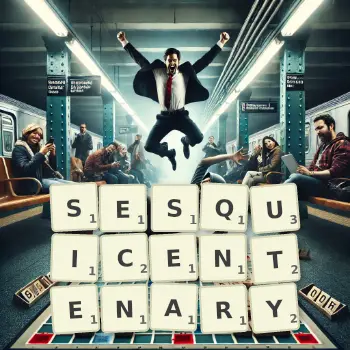 Creative illustration for a Scrabble game with the word SESQUICENTENARY spelled out in tiles on the board.