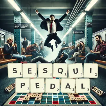 Creative illustration for a Scrabble game with the word SESQUIPEDAL spelled out in tiles on the board.