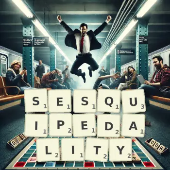 Creative illustration for a Scrabble game with the word SESQUIPEDALITY spelled out in tiles on the board.