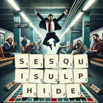 Creative illustration for a Scrabble game with the word SESQUISULPHIDE spelled out in tiles on the board.