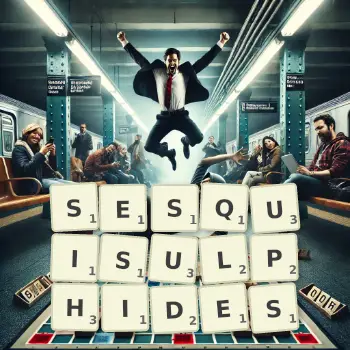 Creative illustration for a Scrabble game with the word SESQUISULPHIDES spelled out in tiles on the board.
