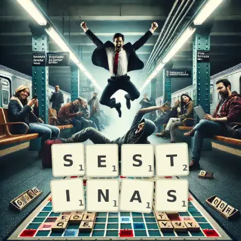 Creative illustration for a Scrabble game with the word SESTINAS spelled out in tiles on the board.