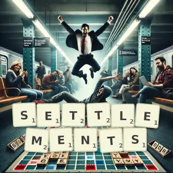 Creative illustration for a Scrabble game with the word SETTLEMENTS spelled out in tiles on the board.