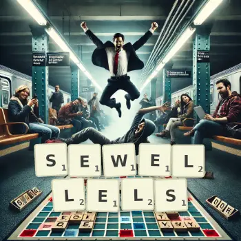 Creative illustration for a Scrabble game with the word SEWELLELS spelled out in tiles on the board.