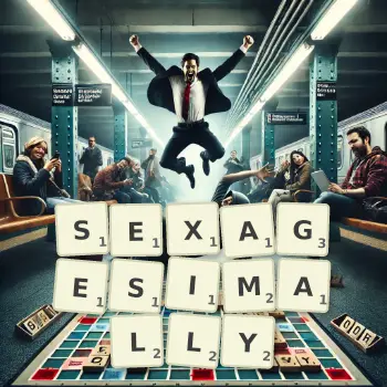 Creative illustration for a Scrabble game with the word SEXAGESIMALLY spelled out in tiles on the board.