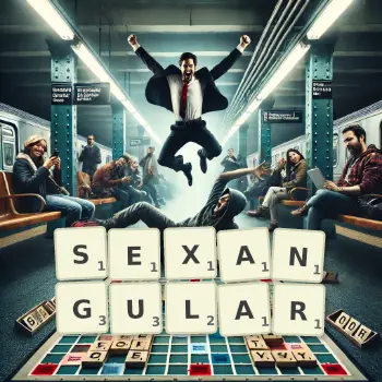 Creative illustration for a Scrabble game with the word SEXANGULAR spelled out in tiles on the board.