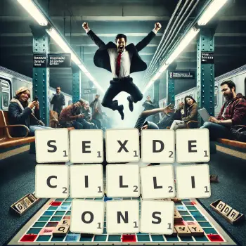 Creative illustration for a Scrabble game with the word SEXDECILLIONS spelled out in tiles on the board.
