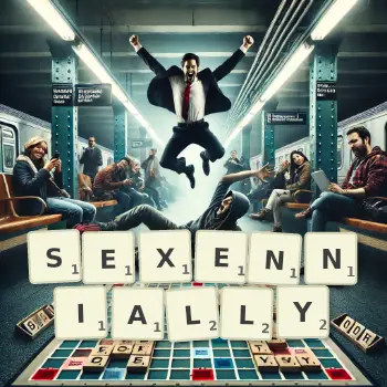 Creative illustration for a Scrabble game with the word SEXENNIALLY spelled out in tiles on the board.