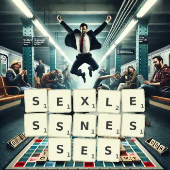 Creative illustration for a Scrabble game with the word SEXLESSNESSES spelled out in tiles on the board.