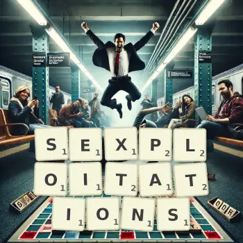 Creative illustration for a Scrabble game with the word SEXPLOITATIONS spelled out in tiles on the board.