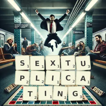 Creative illustration for a Scrabble game with the word SEXTUPLICATING spelled out in tiles on the board.