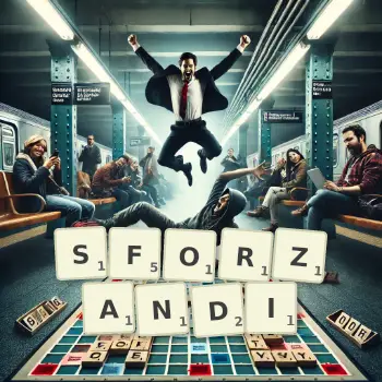 Creative illustration for a Scrabble game with the word SFORZANDI spelled out in tiles on the board.
