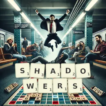 Creative illustration for a Scrabble game with the word SHADOWERS spelled out in tiles on the board.