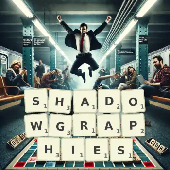 Creative illustration for a Scrabble game with the word SHADOWGRAPHIES spelled out in tiles on the board.