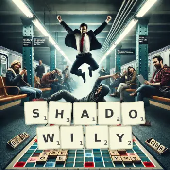 Creative illustration for a Scrabble game with the word SHADOWILY spelled out in tiles on the board.