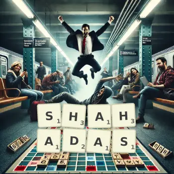 Creative illustration for a Scrabble game with the word SHAHADAS spelled out in tiles on the board.