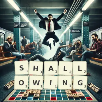 Creative illustration for a Scrabble game with the word SHALLOWING spelled out in tiles on the board.