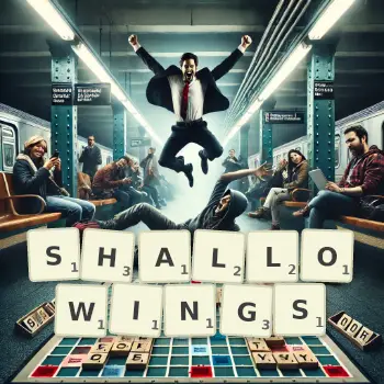 Creative illustration for a Scrabble game with the word SHALLOWINGS spelled out in tiles on the board.