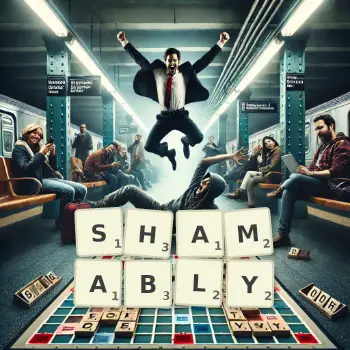 Creative illustration for a Scrabble game with the word SHAMABLY spelled out in tiles on the board.