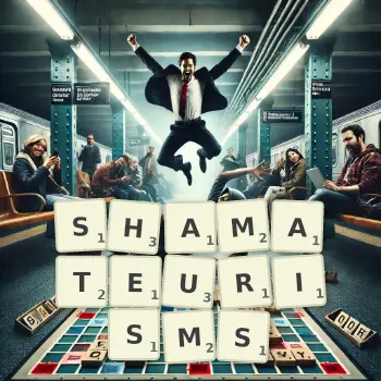 Creative illustration for a Scrabble game with the word SHAMATEURISMS spelled out in tiles on the board.
