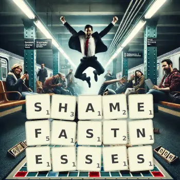 Creative illustration for a Scrabble game with the word SHAMEFASTNESSES spelled out in tiles on the board.