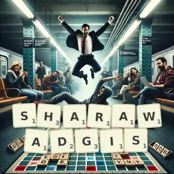 Creative illustration for a Scrabble game with the word SHARAWADGIS spelled out in tiles on the board.