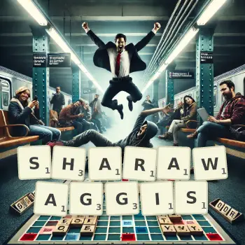 Creative illustration for a Scrabble game with the word SHARAWAGGIS spelled out in tiles on the board.