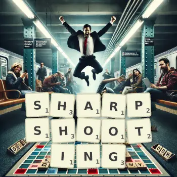 Creative illustration for a Scrabble game with the word SHARPSHOOTING spelled out in tiles on the board.