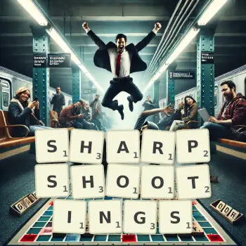 Creative illustration for a Scrabble game with the word SHARPSHOOTINGS spelled out in tiles on the board.