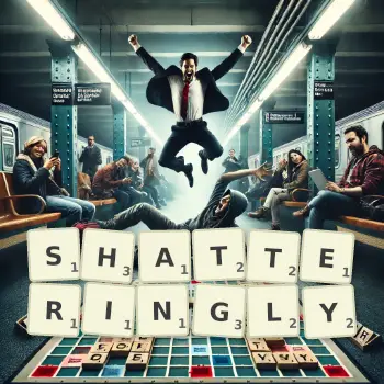 Creative illustration for a Scrabble game with the word SHATTERINGLY spelled out in tiles on the board.